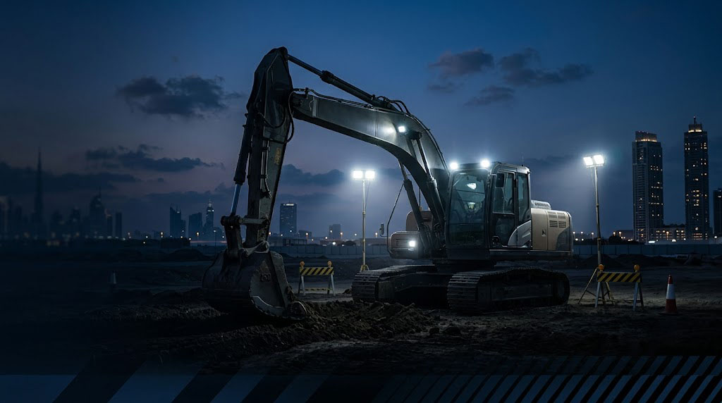 Excavator working at a construction site at night