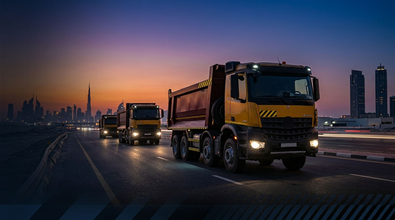 Tipper trucks on the road at dusk