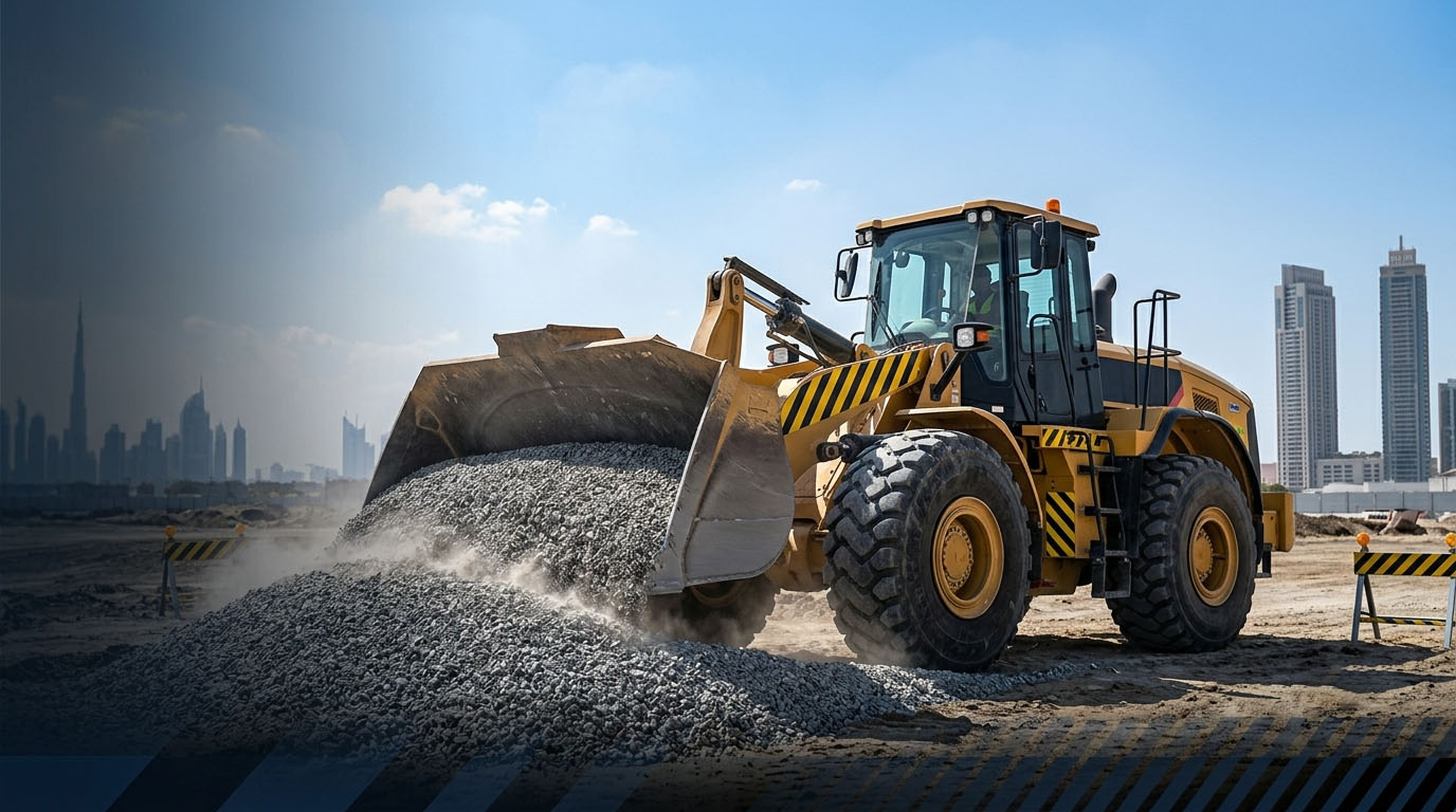 Wheel loader moving aggregates on a sunny site